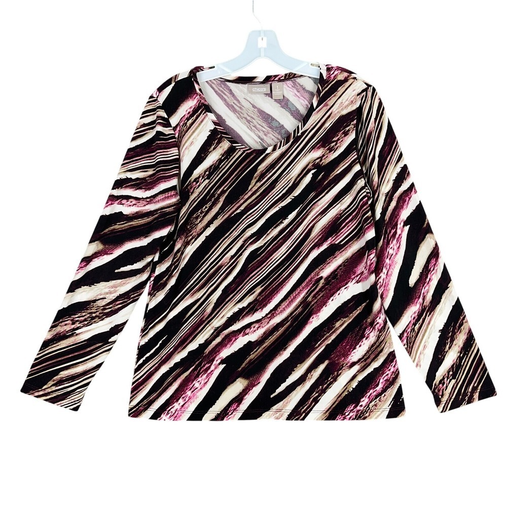 Chicos Shirt Size M Stretch Scoop Neck Made USA Animal Print‎ Office Mob Wife